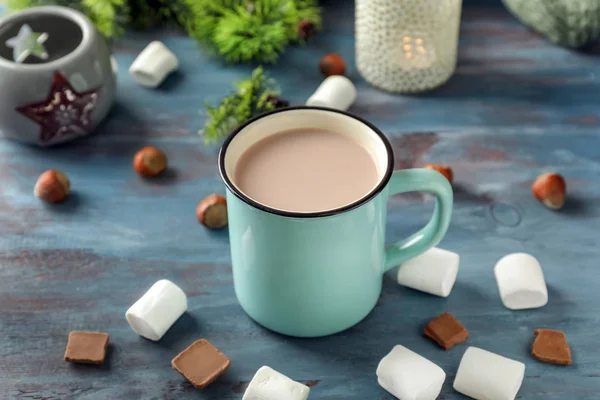 Metal Mug Hot Cocoa Marshmallows Chocolate Wooden Table — Stock Photo, Image