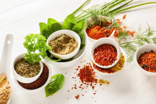 Composition Different Spices Herbs White Wooden Background — Stock Photo, Image