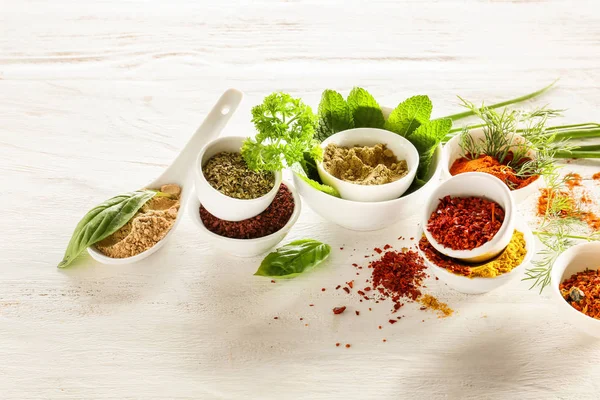Composition Different Spices Herbs White Wooden Background — Stock Photo, Image