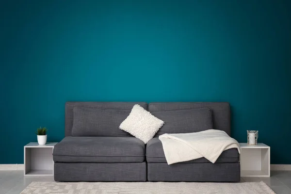 Interior Sala Estar Con Elegante Sofá Cómodo Cerca Pared Color — Foto de Stock