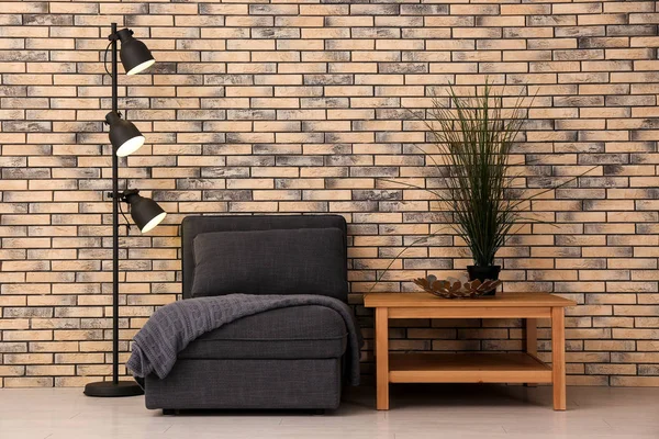 Interior Living Room Stylish Comfortable Armchair Brick Wall — Stock Photo, Image