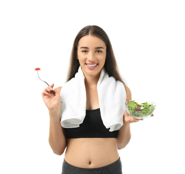 Jeune Femme Sportive Avec Salade Légumes Frais Sur Fond Blanc — Photo