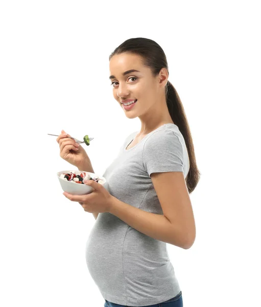 Young Pregnant Woman Healthy Salad White Background — Stock Photo, Image