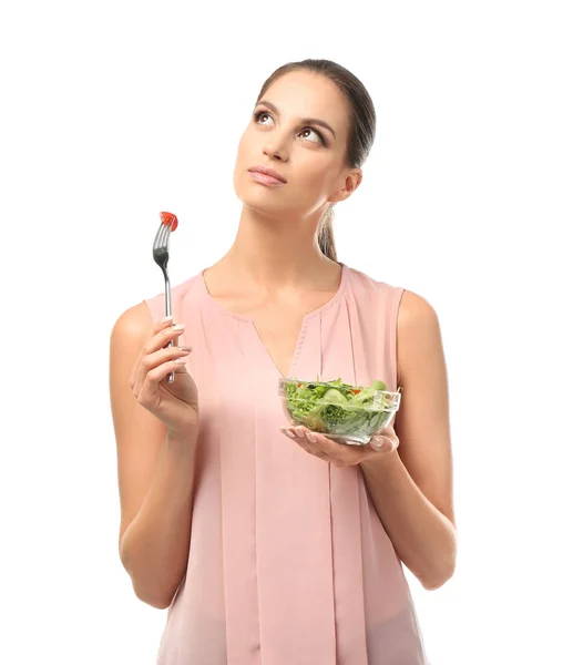 Mujer Joven Con Ensalada Verduras Frescas Sobre Fondo Blanco — Foto de Stock