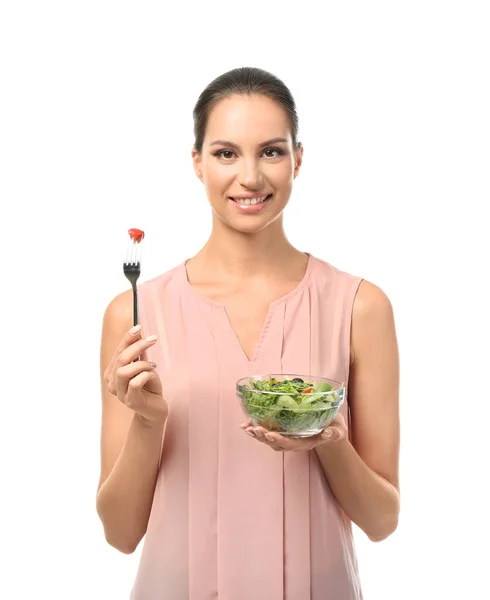 Jeune Femme Avec Salade Légumes Frais Sur Fond Blanc — Photo