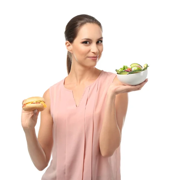Young Woman Fresh Vegetable Salad Burger White Background — Stock Photo, Image
