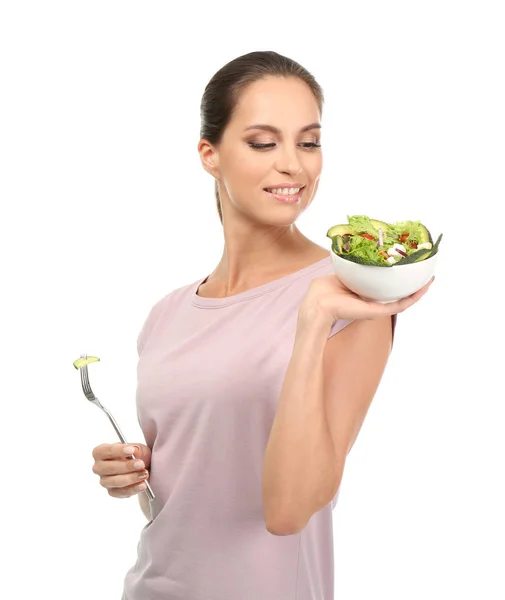 Jeune Femme Avec Salade Légumes Frais Sur Fond Blanc — Photo