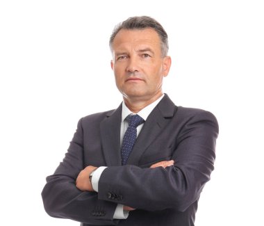 Beyaz arka plan üzerinde olgun iş adamı