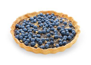 Lezzetli kek, krepteki beyaz arka plan üzerinde