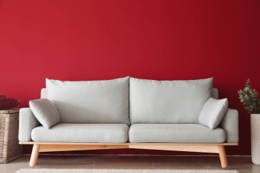 İç renk duvarının yakınında şık rahat kanepe oturma odası