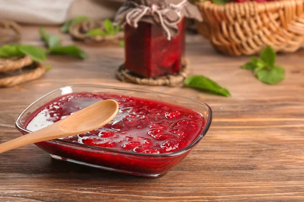 Bowl Tasty Raspberry Jam Wooden Table — Stock Photo, Image