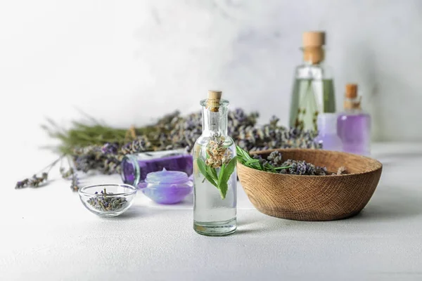 Bottle Essential Oil Lavender Light Table — Stock Photo, Image