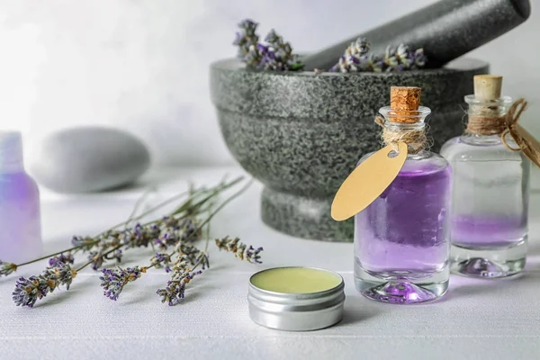 Bottles Essential Oil Lavender Cream Light Table — Stock Photo, Image