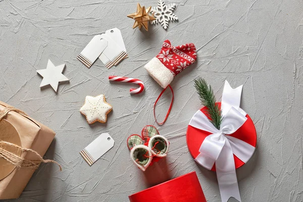 Composition Christmas Gifts Decorations Grey Background — Stock Photo, Image