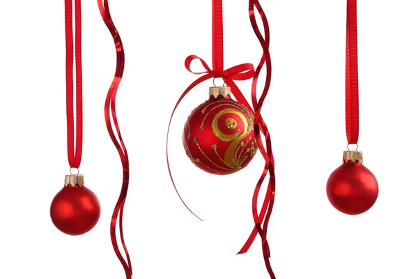 Hanging Christmas Balls Ribbons White Background — Stock Photo, Image
