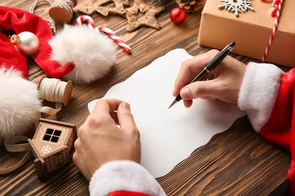 Santa Claus Writing Letter Wooden Table — Stock Photo, Image