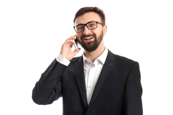 Jóképű Üzletember Beszélő Mobil Telefon Fehér Háttér — Stock Fotó