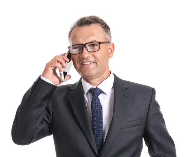 Зрелый Бизнесмен Разговаривает Мобильному Телефону Белом Фоне — стоковое фото