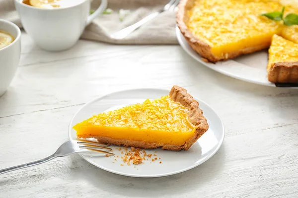 Plate Piece Tasty Lemon Pie Table — Stock Photo, Image