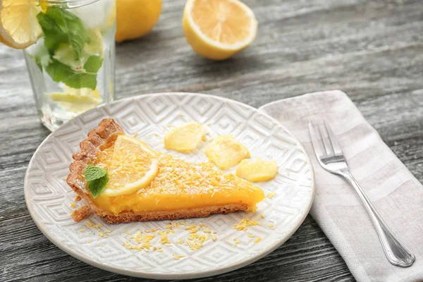 Plate Piece Tasty Lemon Pie Wooden Table — Stock Photo, Image