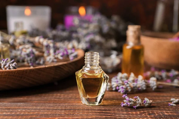Bottle Essential Oil Lavender Wooden Table — Stock Photo, Image