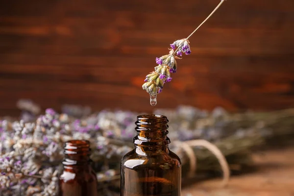 Gotejamento Óleo Essencial Lavanda Garrafa Fundo Desfocado — Fotografia de Stock