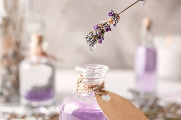 Dripping of lavender essential oil into bottle on blurred background, closeup