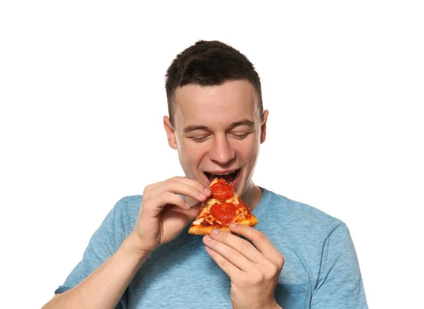 Young Man Eating Slice Delicious Pizza White Background — Stock Photo, Image