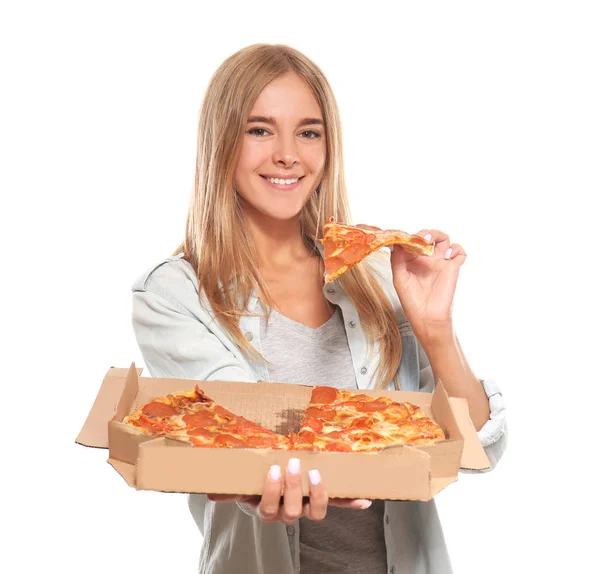 Młoda Kobieta Jedzenie Pyszne Pizzy Białym Tle — Zdjęcie stockowe