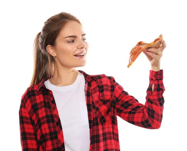 Młoda Kobieta Kawałkiem Pyszną Pizzę Kolor Tła — Zdjęcie stockowe