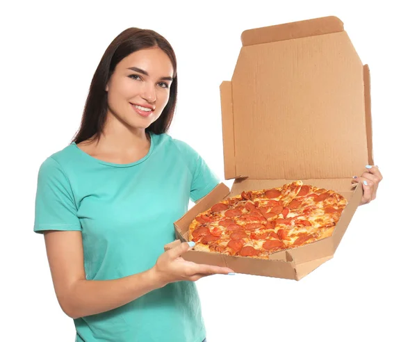 Jovem Com Deliciosa Pizza Fundo Branco — Fotografia de Stock