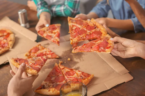 Young People Having Fun Party Delicious Pizza Indoors — Stock Photo, Image