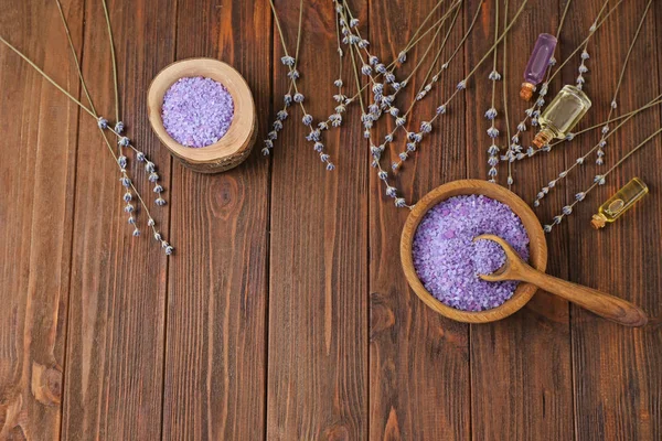 Spa Composition Beautiful Lavender Sea Salt Wooden Table — Stock Photo, Image