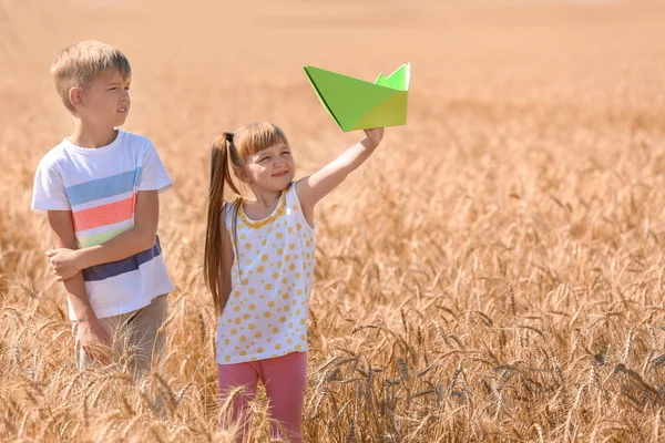 Cute Little Children Playing Paper Ship Wheat Field Summer Day — Stock Photo, Image
