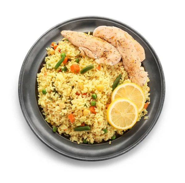 Tasty Gotowany Ryż Mięsem Warzywami Talerz Białym Tle — Zdjęcie stockowe