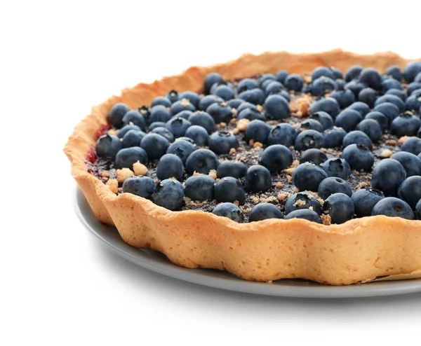 Plate Delicious Blueberry Pie White Background Closeup — Stock Photo, Image