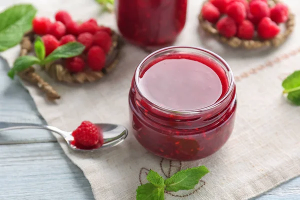 Jar Tasty Raspberry Jam Table — Stock Photo, Image