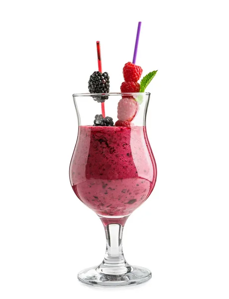 Verre Avec Smoothie Aux Baies Savoureux Sur Fond Blanc — Photo