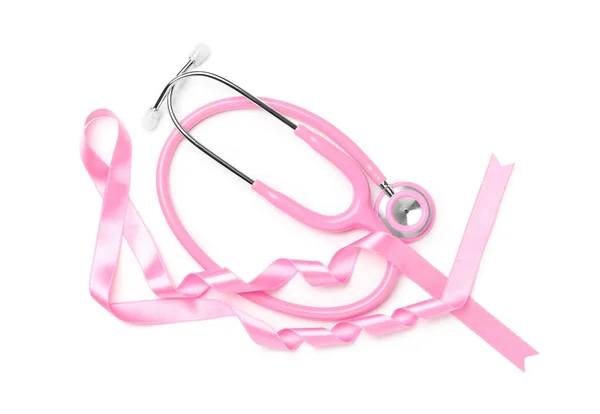 Pink Ribbon Stethoscope White Background Breast Cancer Awareness Concept — Stock Photo, Image