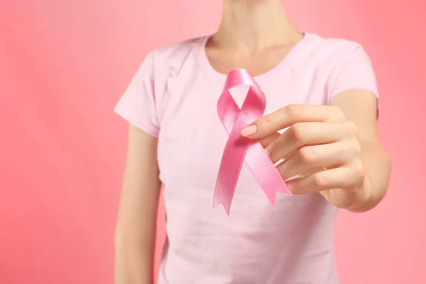 Woman Holding Pink Ribbon Color Background Closeup Breast Cancer Awareness — Stock Photo, Image