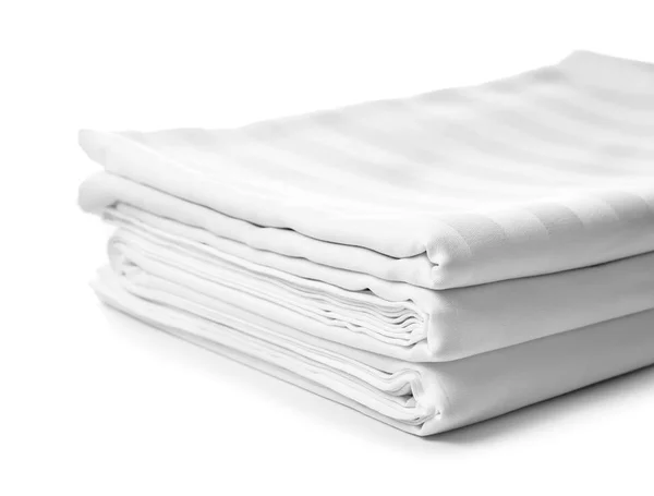 Stack Clean Bed Sheets White Background — Stock Photo, Image