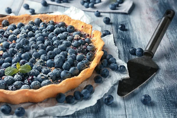 Delicious Blueberry Pie Wooden Table — Stock Photo, Image