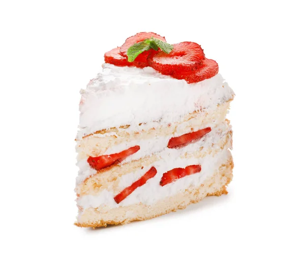 白色背景的一块美味的草莓蛋糕 — 图库照片