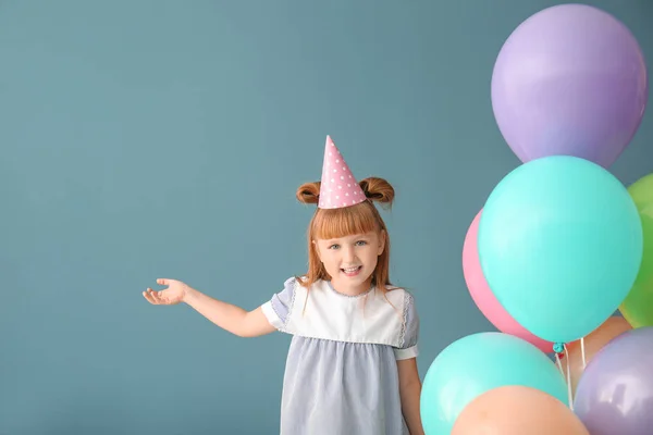 Cute Little Girl Birthday Hat Balloons Color Background — Stock Photo, Image