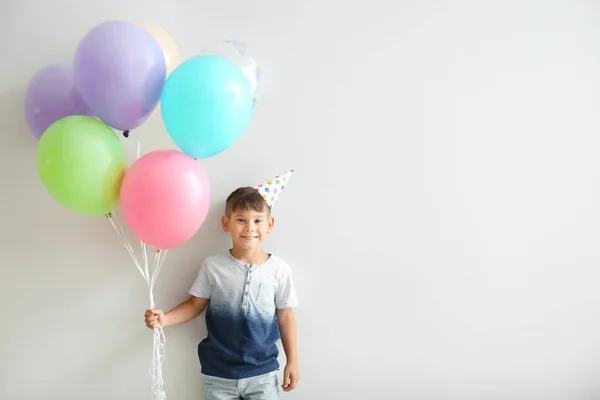 Cute Little Boy Birthday Hat Balloons Light Background — Stock Photo, Image