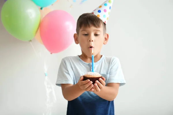Cute Little Boy Making Wish Snuffing Out Candle Birthday Cake — Stock Photo, Image