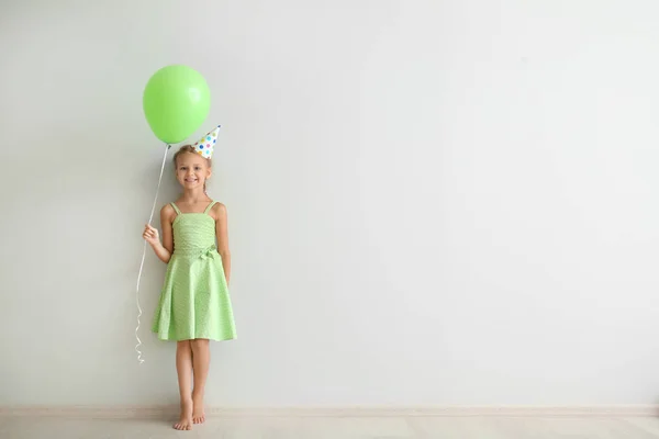 Cute Little Girl Birthday Hat Balloon Light Wall — Stock Photo, Image