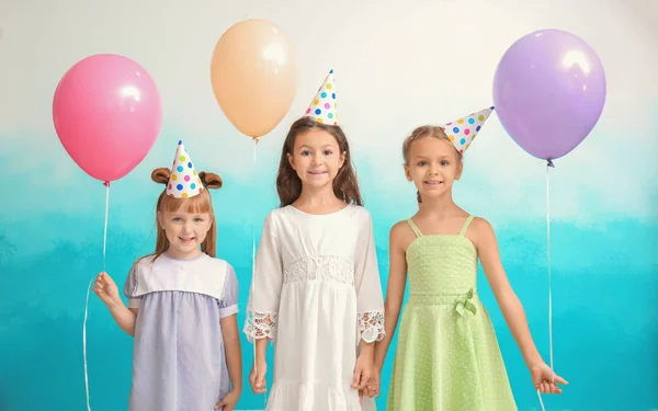 Cute Little Children Birthday Hats Balloons Color Background — Stock Photo, Image