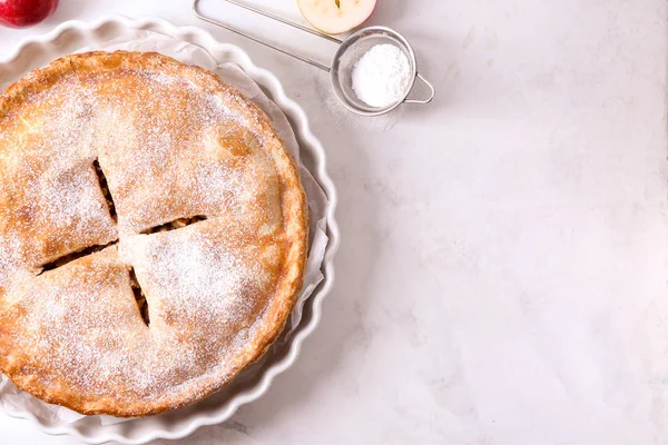 Prato Com Deliciosa Torta Maçã Mesa Leve — Fotografia de Stock