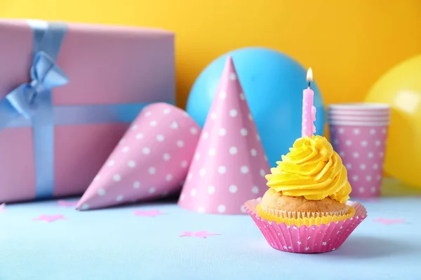 Delicious Birthday Cupcake Burning Candle Table — Stock Photo, Image